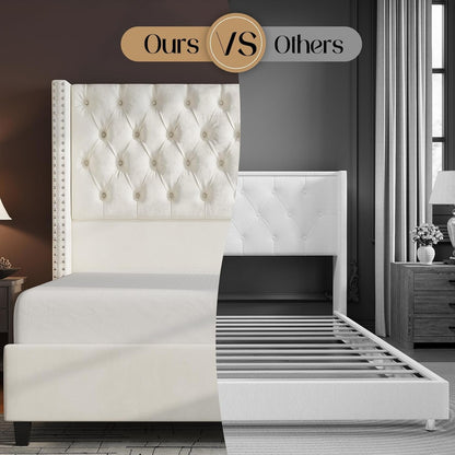 Jocisland Upholstered Bed Frame with Tall Headboard Wingback Platform Bed Tufted Deep Button Velvet/No Box Spring Needed/Easy Assembly (Cream, Queen)