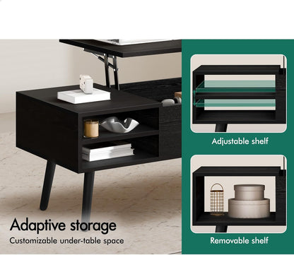 ALFORDSON Lift Tabletop Coffee Table Center Table Black Color, Living Room Office Reception Dining Table with Rising Top, Hidden Storage and Side Open Shelves