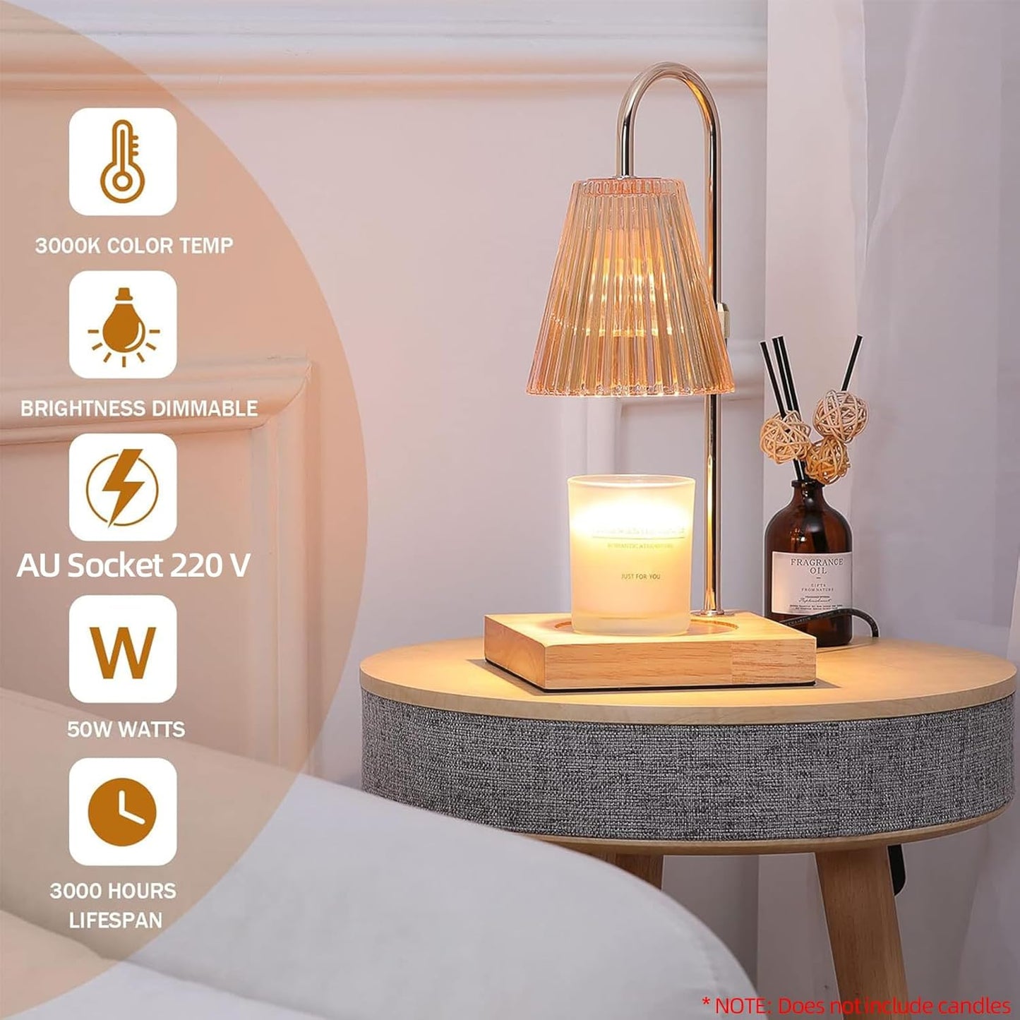 TOJUNE Dimmable Candle Warmer Light, Timer Electronic Wax Melting Lamp, Lantern Height Adjustable for Jar Scented, Home Decor, Yoga, Aromatherapy Gift with 2 Bulbs, AU Socket 220V (Amber)