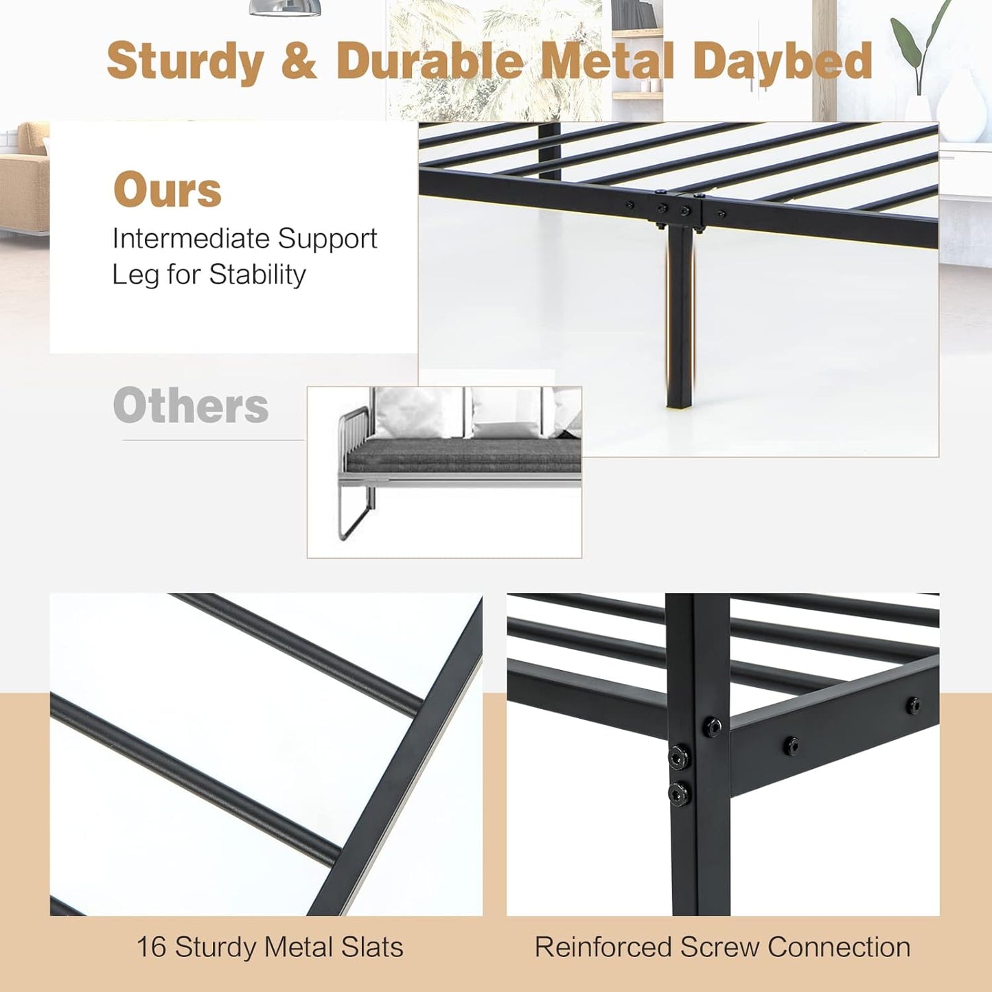 Giantex Metal Daybed Frame Twin Size, Modern Sofa Bed, Heavy-Duty Metal Slats Support Mattress Foundation, Dual-use Platform Bed Sofa for Living Room, Guest Room, Easy Assembly, No Box Spring, Black