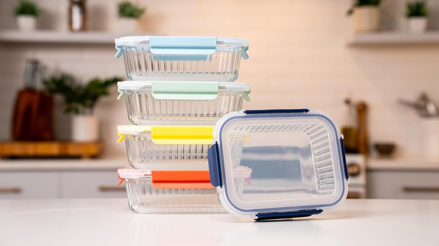 Ceywa 5-Pack 36 oz Sculpted Glass Food Storage Containers with Lids - Borosilicate Glass Meal Prep Container - Airtight, Leak-Proof Food Prep Containers, Microwave, Freezer, Oven Safe & BPA Free