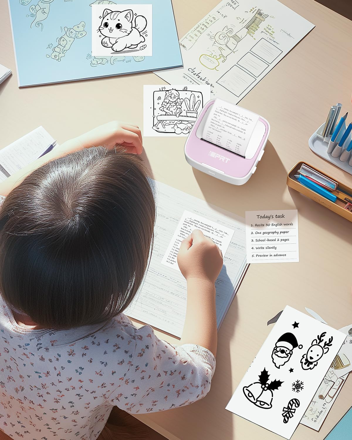 iDPRT Sticker Printer, Portable Thermal Printer with 1 Roll Sticker Paper, Bluetooth Inkless Printer Mini Label Maker for Study, DIY, Notes, Mini Label Maker with Multiple Template in Free App, Pink