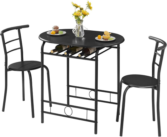 VECELO 3-Piece Dining Table Set for Kitchen Breakfast Nook, Wood Grain Oval Tabletop and Metal Frame with Built-in Wine Rack, for Small Spaces, Black