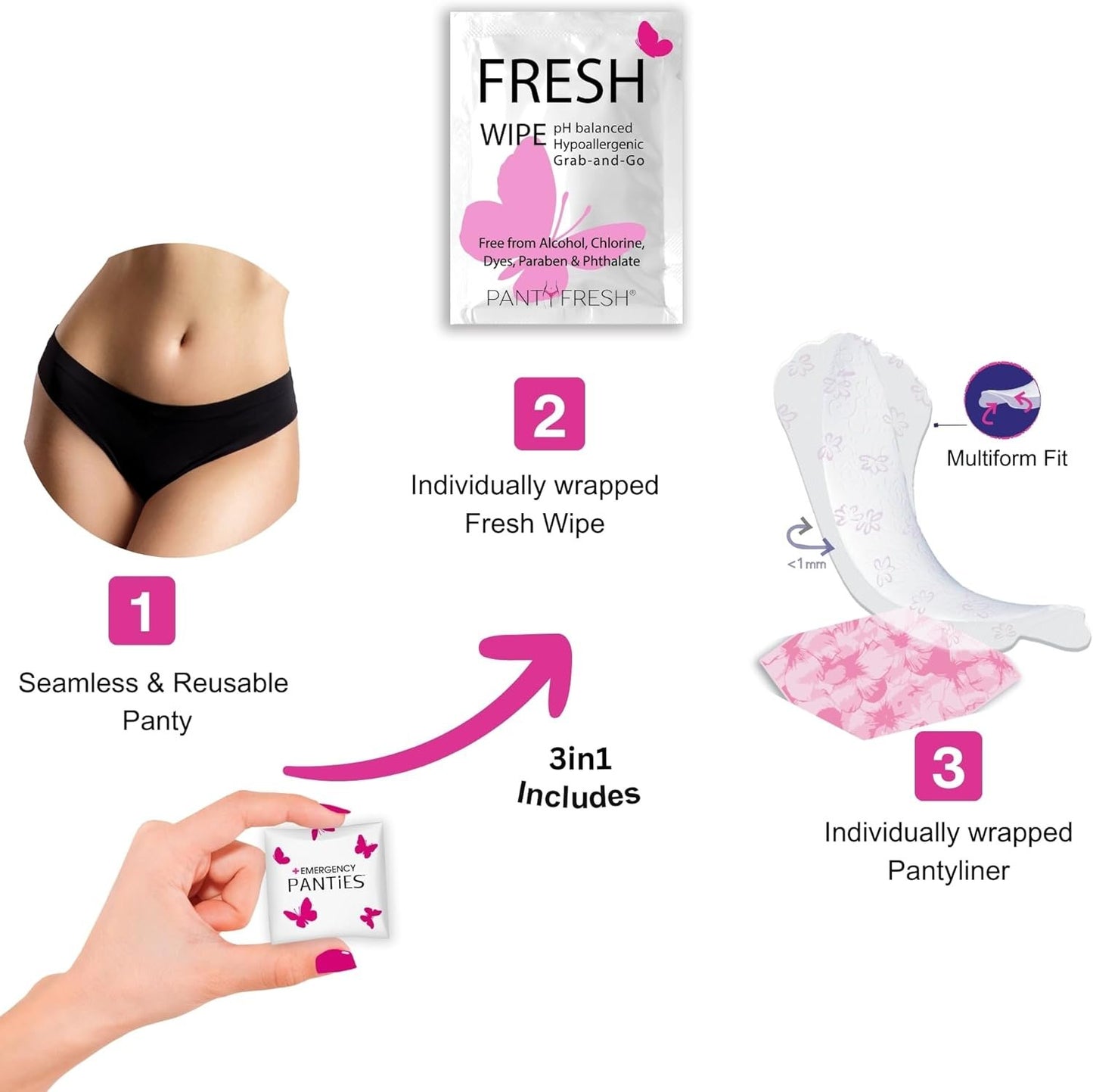 Panties On The Go Kit = Women's Seamless Underwear, Pantyliner, Wipe & WashBag