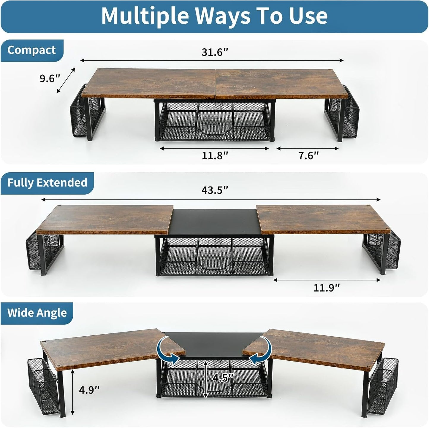 OPNICE Desk Dual Monitor Stand Riser - Desk Organizer with Drawer and Pen Holders, Office Desk Accessories & Workspace Organizers, Office Organization Computer Monitor Stand for Laptop, Printer, TV,