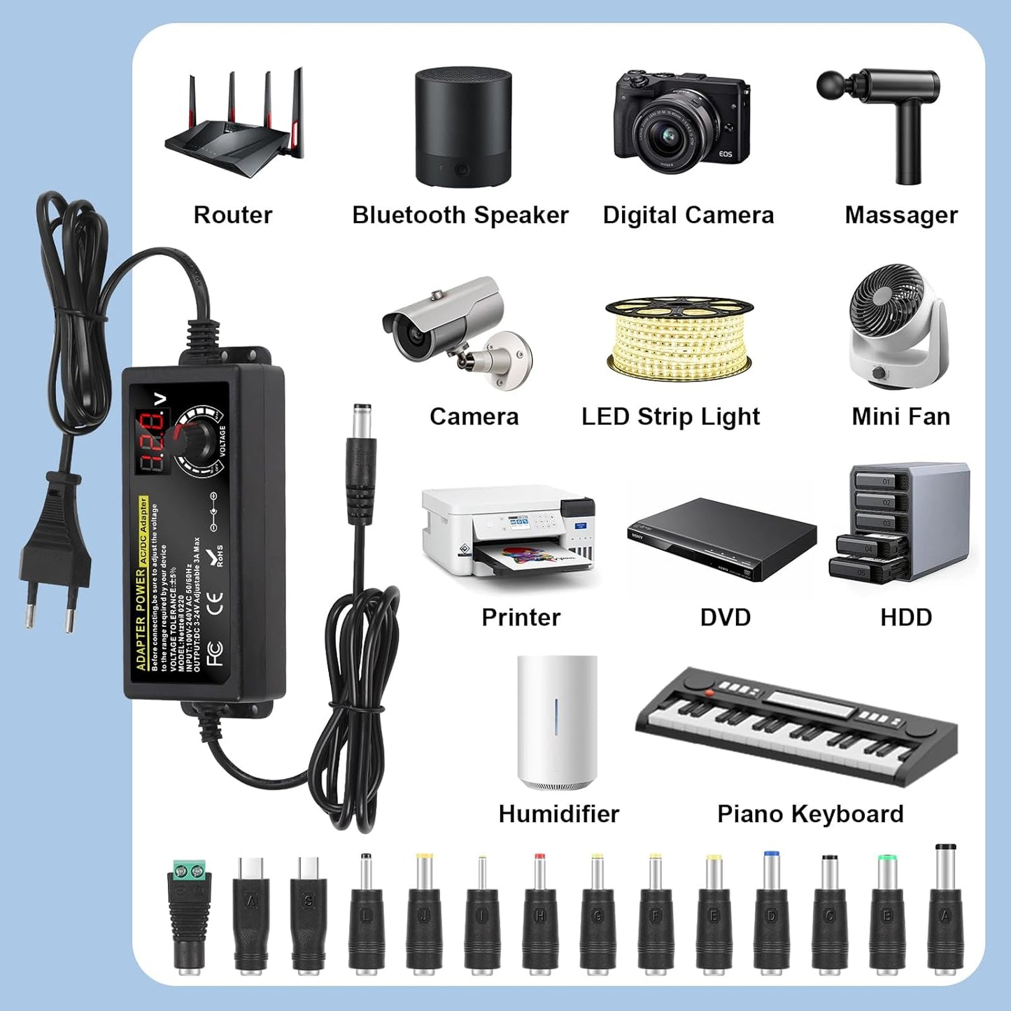 Carastek Adjustable Power Adapter 3V-24V 3A 72W with Digital Display Universal AC/DC 100V-240V AC to DC Adapter with 14 Tips and Polarity Converter for Home Electronics