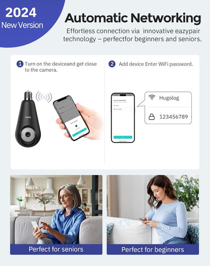 Hugolog 2K 3MP Light Bulb Security Camera 5G& 2.4GHz WiFi, 360° Wireless Outdoor Indoor Camera for Home, Motion Detection, Two-Way Talk, Color Night Vision, Siren Alarm, Compatible with Alexa