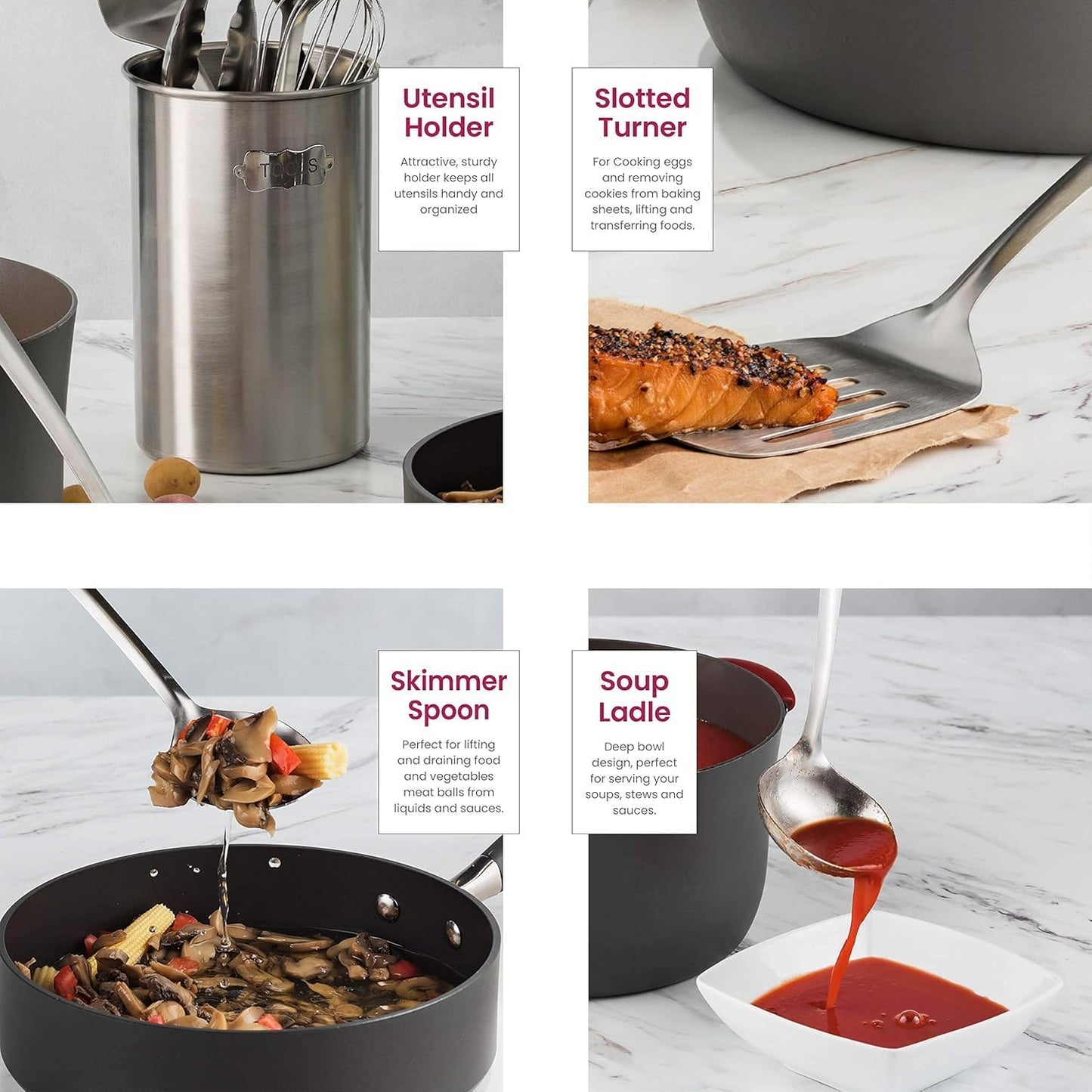 Kitchen Utensils Set - 10-Piece, Stainless-Steel Cooking Utensils w/Spoons, Whisk, Spatula, Tongs, Ladle, Masher & Cooking Utensils Holder - Kitchen Accessories, Gadgets and Tools (Brushed Finish)