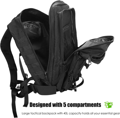 ProCase Military Tactical Backpack 40 Litres, 3 Days Large Capacity Travel Backpack for Hunting, Trekking and Camping and Other Outdoor Activities, Black, Classic