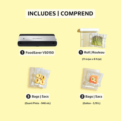 FoodSaver PowerVac Compact Vacuum Sealer Machine with Vertical Storage, 5 Vacuum Seal Bags & 1 Roll, Stainless Steel - VS0150