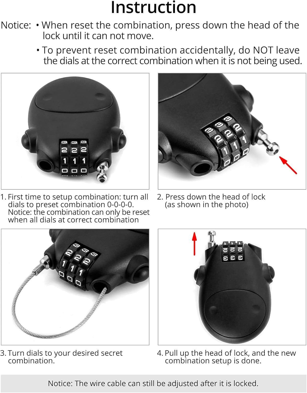 QWORKÂ® 3 Digit Combination Lock, Cable Lock, Security Password Lock, 77cm Retractable Cable for Luggage, Bike, Ski, Snowboard
