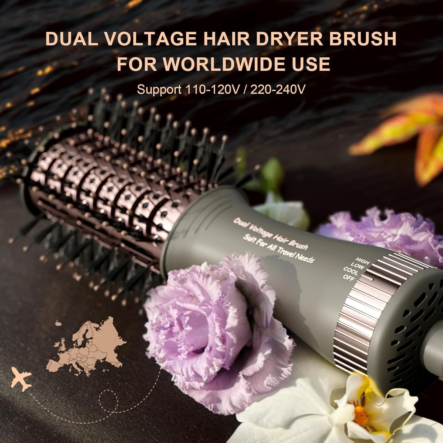 Travel Dual Voltage Blow Hair Dryer Brush 4-IN-1 Portable Mini Hot Air Dryer Straightener & Curler Brush, Titanium Round Blowout Styler Volumizer Tools, 110/240V US/EU/UK Plug for International Travel