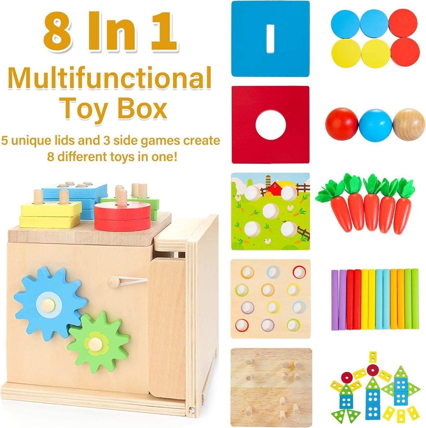 Wooden Montessori Baby Toys, 8-in-1 Wooden Play Kit Includes Object Permanent Box, Coin Box, Carrot Harvest, Shape Sorting & Stacking - Montessori Toys for Boys Girls Toddlers