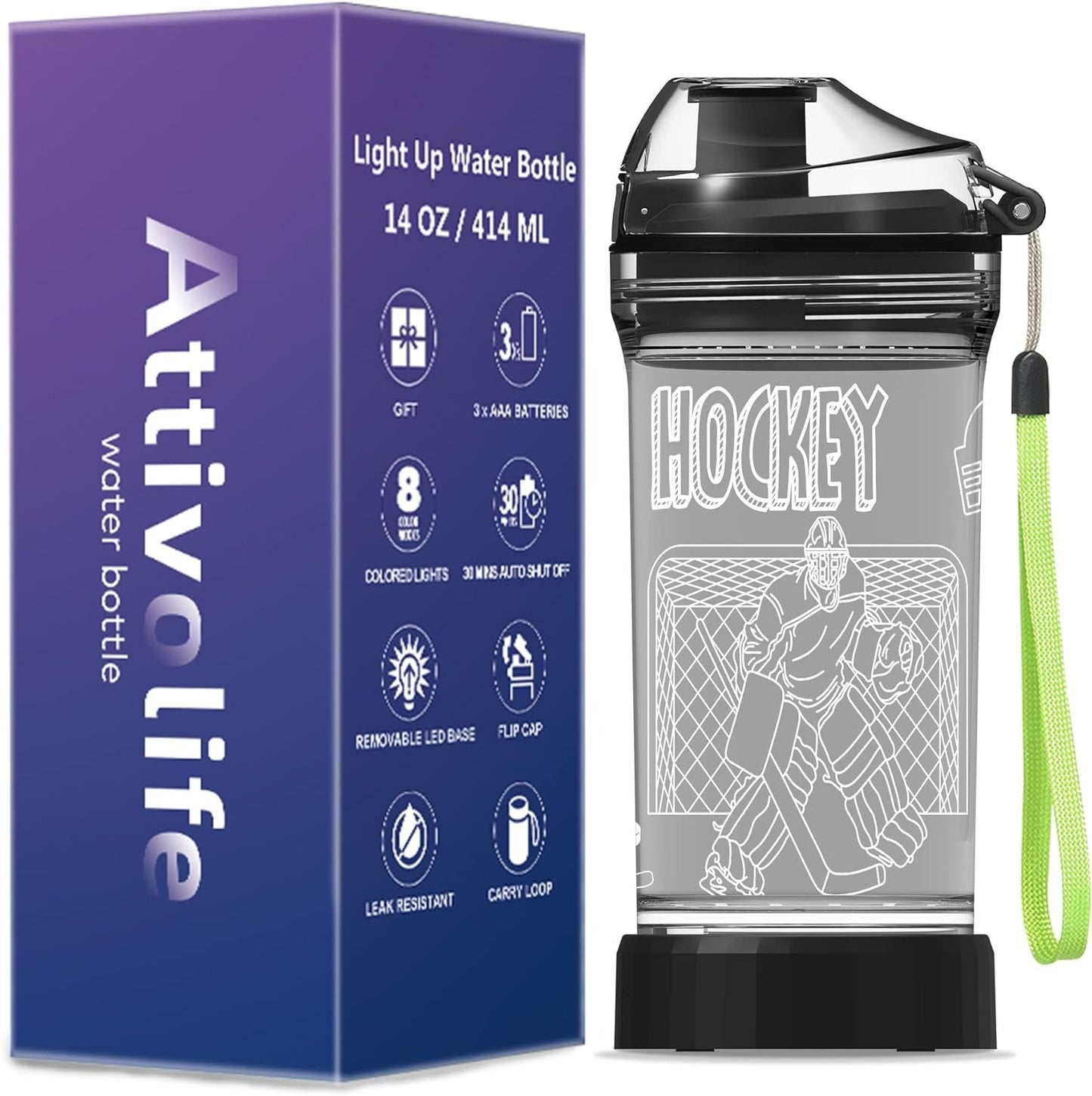 Hockey Water Bottle for Kids, Attivolife Light up 3D Travel Cup with 14 OZ Tritan BPA Free Eco-Friendly - Timer Function, Cool Drinking Cups Gifts for Hockey Player Boy School Sports Camping Picnic