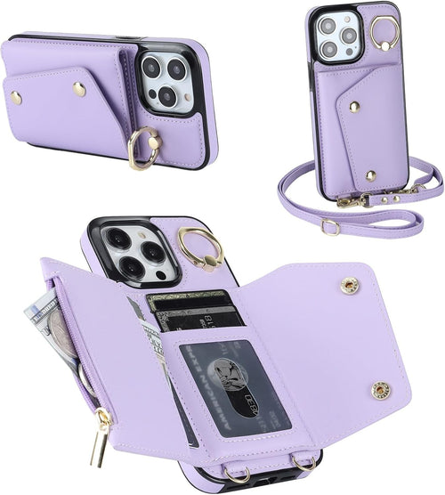 Procarcasa for iPhone 16 Pro Phone Case Wallet with Card Holder,for iPhone 16 Pro Wallet Case Leather Flip Cover Zipper Coin Pocket Kickstand Back Cover with Wrist Strap Lanyard, Purple