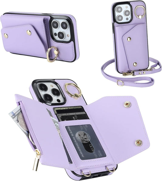 Procarcasa for iPhone 16 Pro Phone Case Wallet with Card Holder,for iPhone 16 Pro Wallet Case Leather Flip Cover Zipper Coin Pocket Kickstand Back Cover with Wrist Strap Lanyard, Purple
