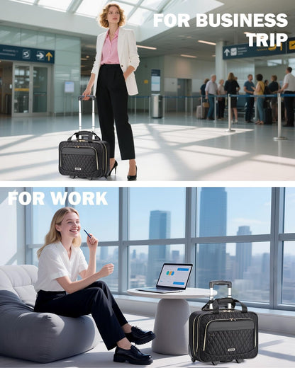 Ponhog Rolling Laptop Bag with Wheels for Women - Rolling Briefcase 15.6 Inch Laptop Bag Flight Approved Trolley Bag Carry On Luggage for Work Travel College Computer Business Lightweight Black
