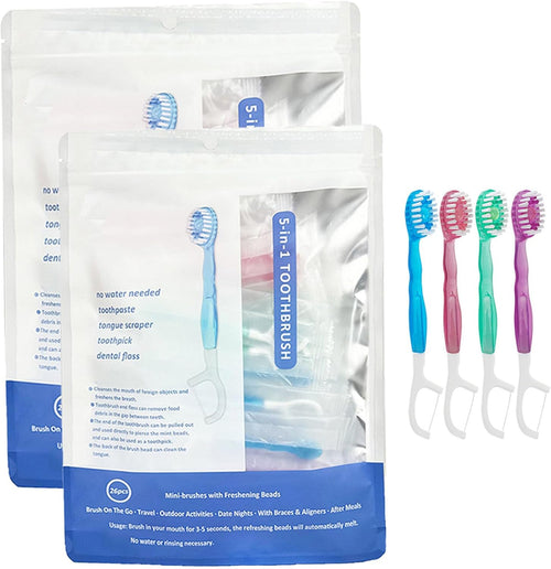 All in One Brush, Toothpaste and Floss, 5 in 1 Mini Toothbrush & Floss & Tongue Scraper & Toothpick Set, Portable Oral Care for Travel Work, Bulk Toothbrushes Individually (mix,2)