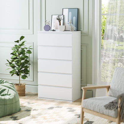 FOREHILL Bedroom Chest of Drawers, 5 Drawer Bedside Cabinet with Drawers Modern Design in Wood, for Living Room, Bedroom, Hallway, Kitchen (White)