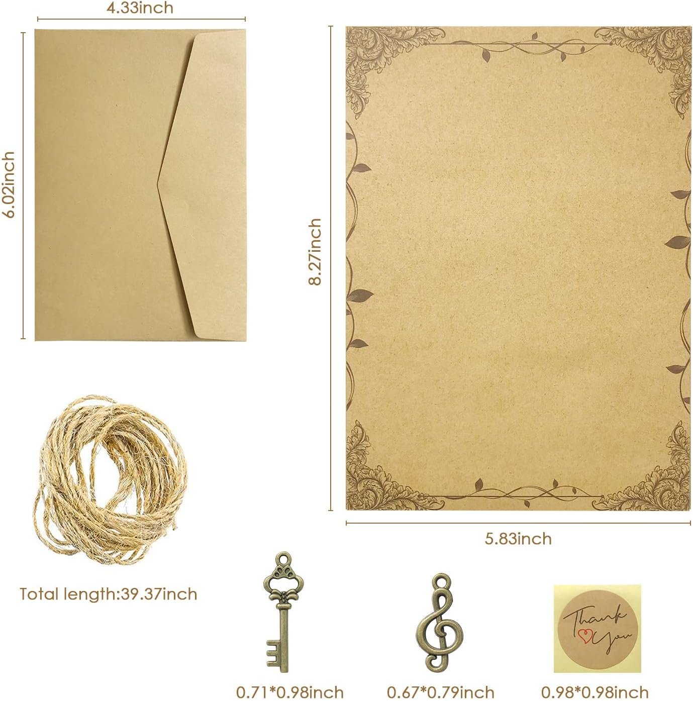 Mililanyo Vintage Paper and Envelopes Set - 24 Sheets Antique Looking Paper & 12 Antique Style Envelopes - Classic Aged Design, 6 Unique Styles - Writing and Printing Paper