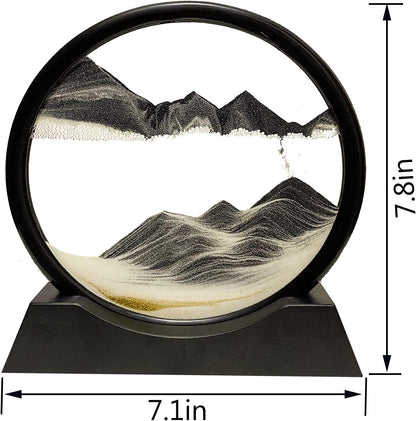 Sand Painting Flowing Deco- Round Hourglass Painting 3D Flow Frame Sand Moving Image, Dynamic Landscape Art Decoration Gift for Home Office (Black, 7 Inches)