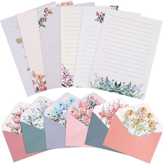 KSIWRE 36 PCS Writing Paper and Envelopes Set,Warm Floral Themed Stationary Set for Wedding Invitations Wishes,24 Lined Stationery Paper with 12 Envelops