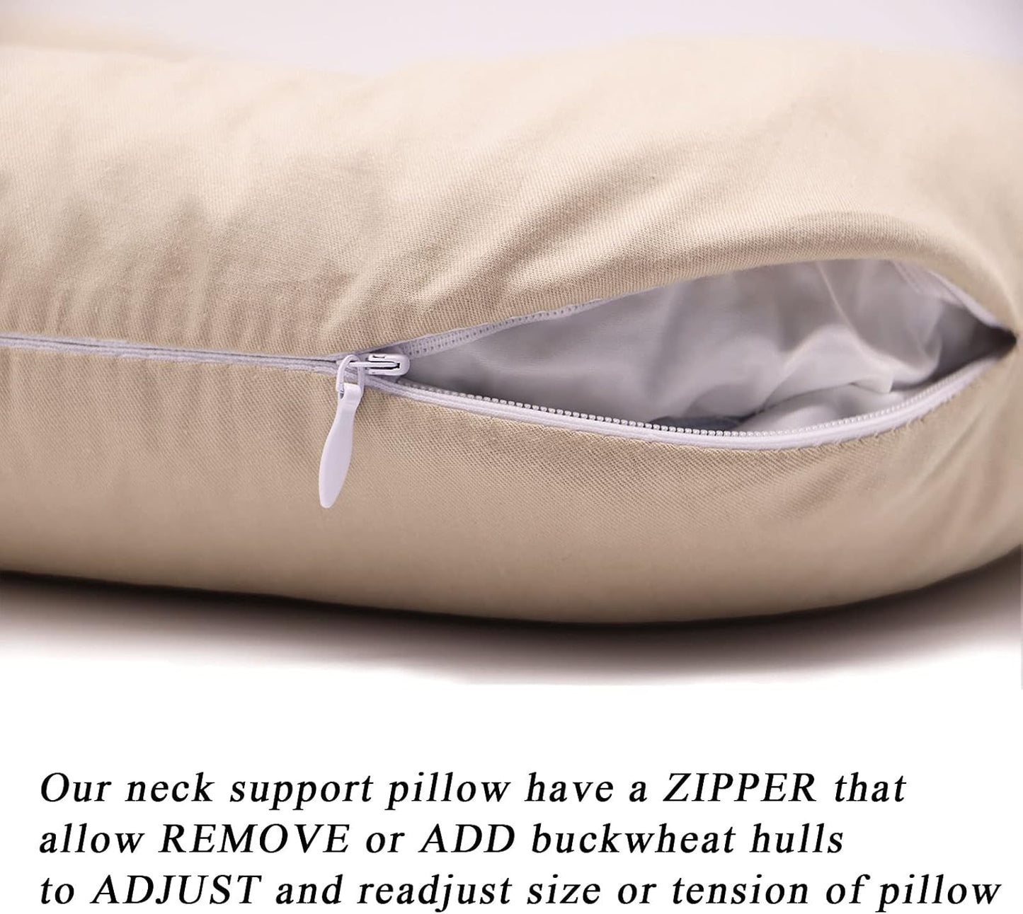 Buckwheat U Shaped Pillow - Edomi Cool Travel Neck Pillow Neck Support Head Pillow Sleep Pillow for Neck Pain Relief Side Sleepers Natural Buckwheat Hulls Concealed Zipper (Macaron Light Tan)