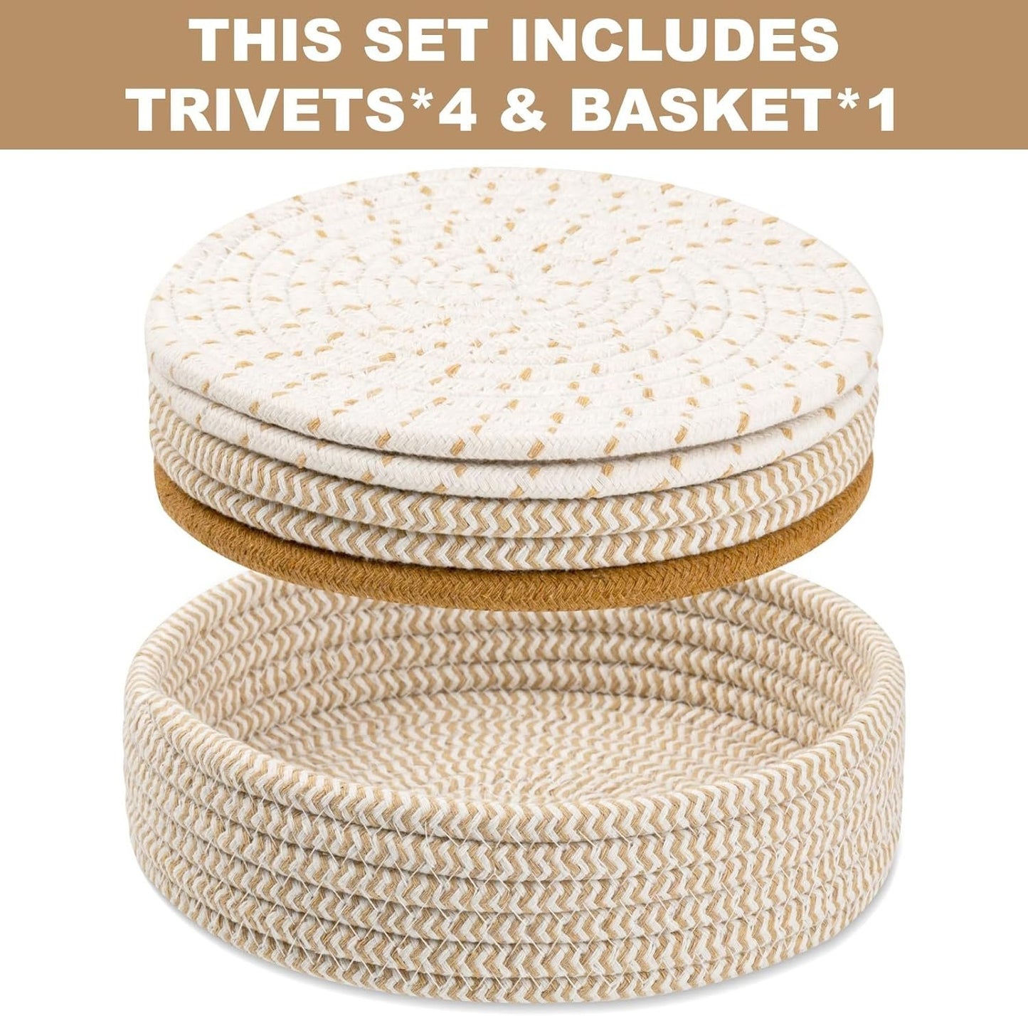 Trivets for Hot Dishes, Trivets for Hot Pots and Pans, Cotton Coasters 5 Pcs and Storage Basket 1 Pack, Pot Holders for Kitchen, Hot Pads for Table, Hot Mats Protect Countertops (Brown 5 Pcs)