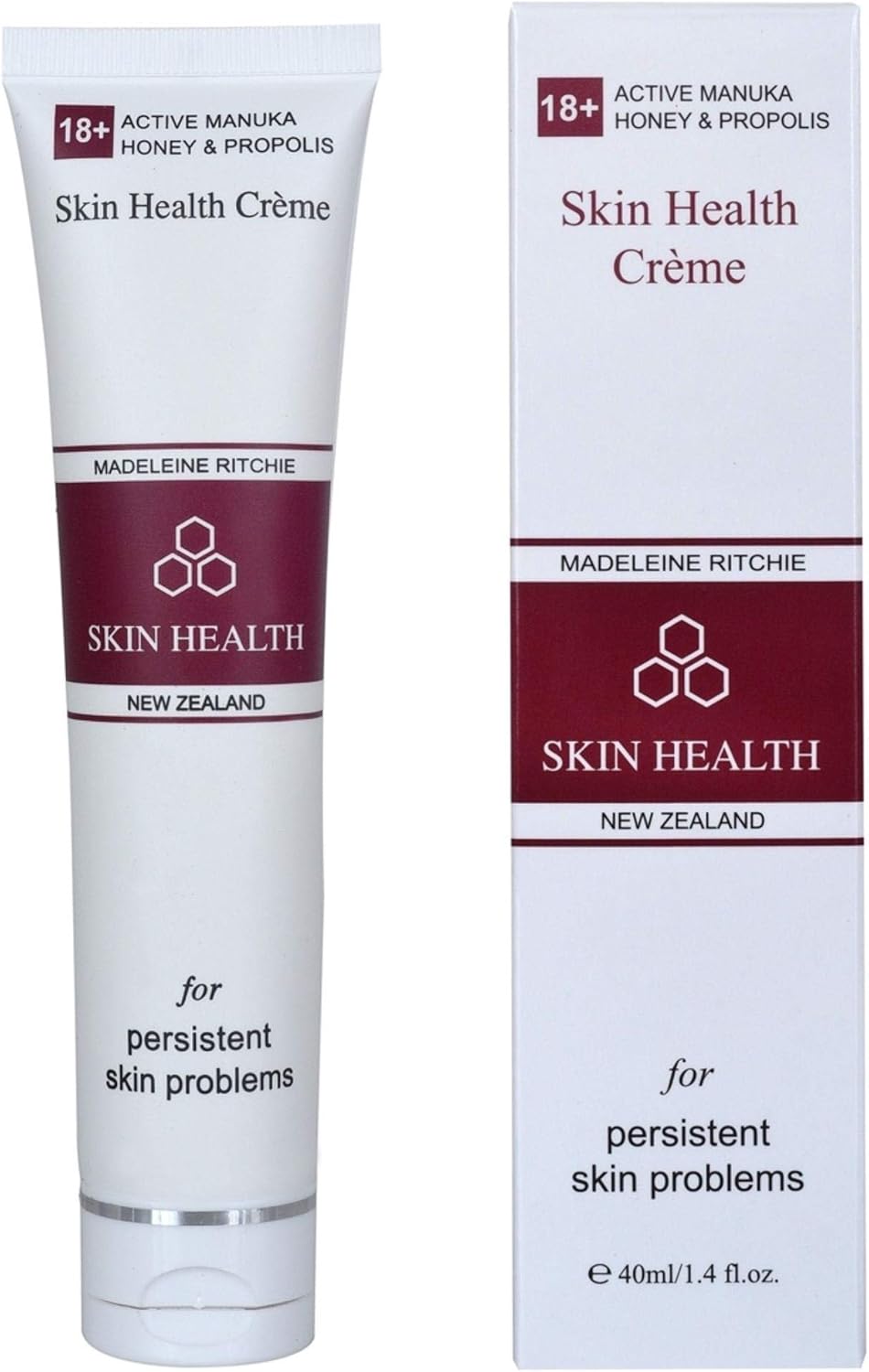 Madeleine Ritchie New Zealand 18+ Active Manuka Honey & Propolis Skin Health Creme for healing of persistent skin problems 40ml. Excellent for Eczema, Psoriasis, Dermatitis, Acne and Dry Skin.