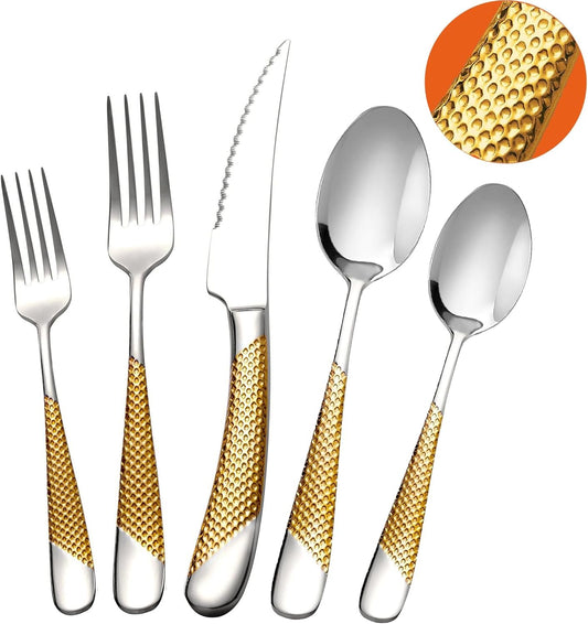 SHEUMNT 20 Piece Hammered Modern Silver Gold Silverware Set, 18/10 Stainless Steel Flatware Set, Golden Kitchen Utensil Set Service for 4, Tableware Set, Cutlery Set Including Fork Spoon and Knife