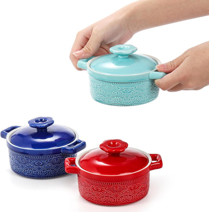 Hacaroa Set of 6 Mini Cocotte with Lid, 8 Oz Ceramic Ramekins with Handles, Small Casserole Dishes Individual Serving Pot for Baking, Soufflé, Soup, Cobbler, Oven Safe, 6 Colors