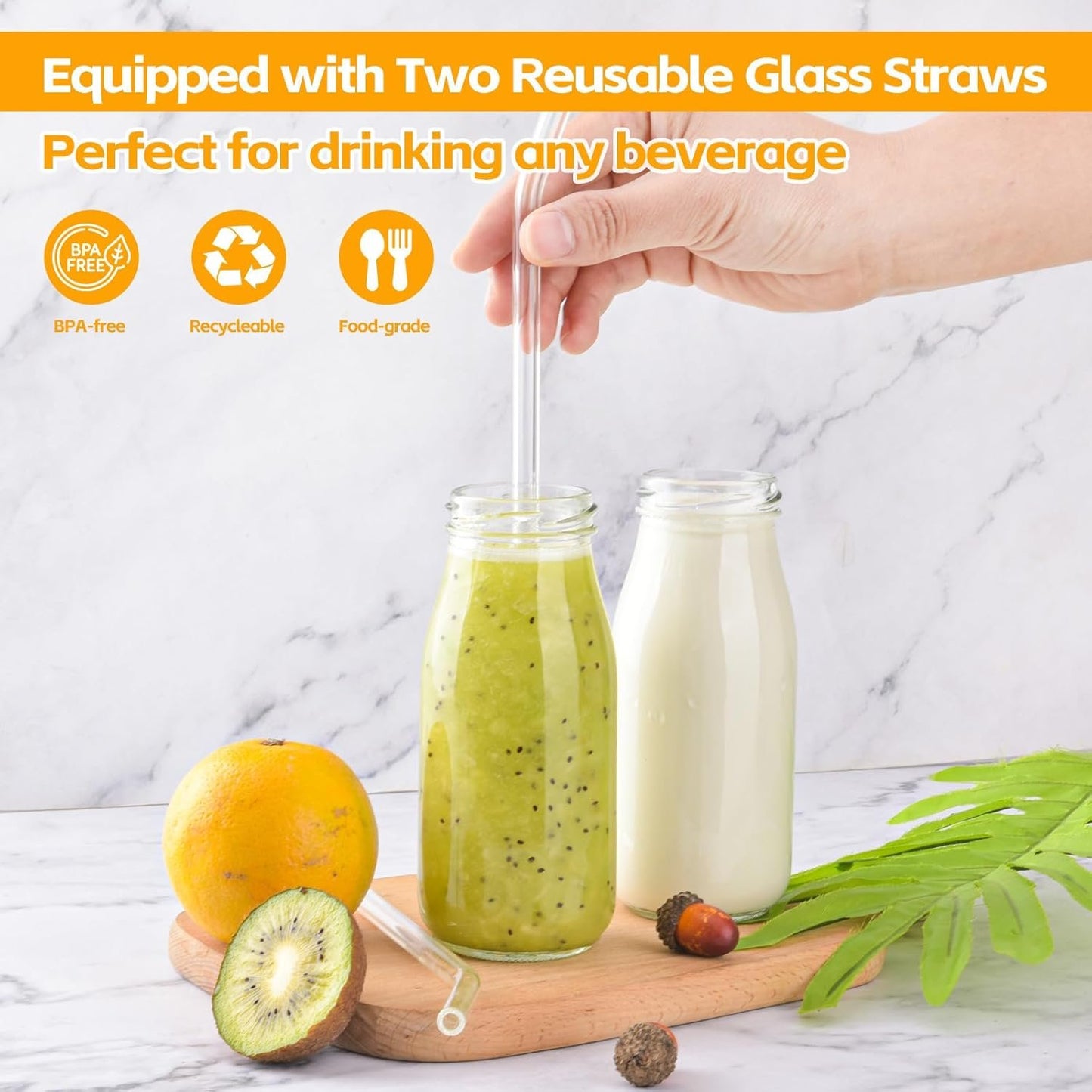 6Pcs 250ml Glass Milk Bottles with Lids, Small Glass Juice Bottles Reusable Glass Milk Jars Mini Milk Bottles with Lids，Glass Straws，Labels and Whiteboard Pen for Beverages, Weddings Decoration