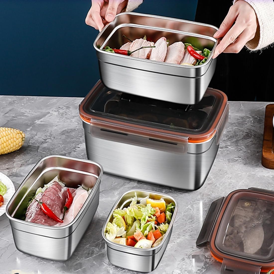 SYAMEET 4-Pack Food Storage Containers with Airtight Lids,Stainless Steel Bento Lunch Box, Leak-Proof Metal Food Storage Boxes for Kitchen, Fridge & Travel, 550ml/1100ml/1900ml/3500ml Sizes, BPA-Free