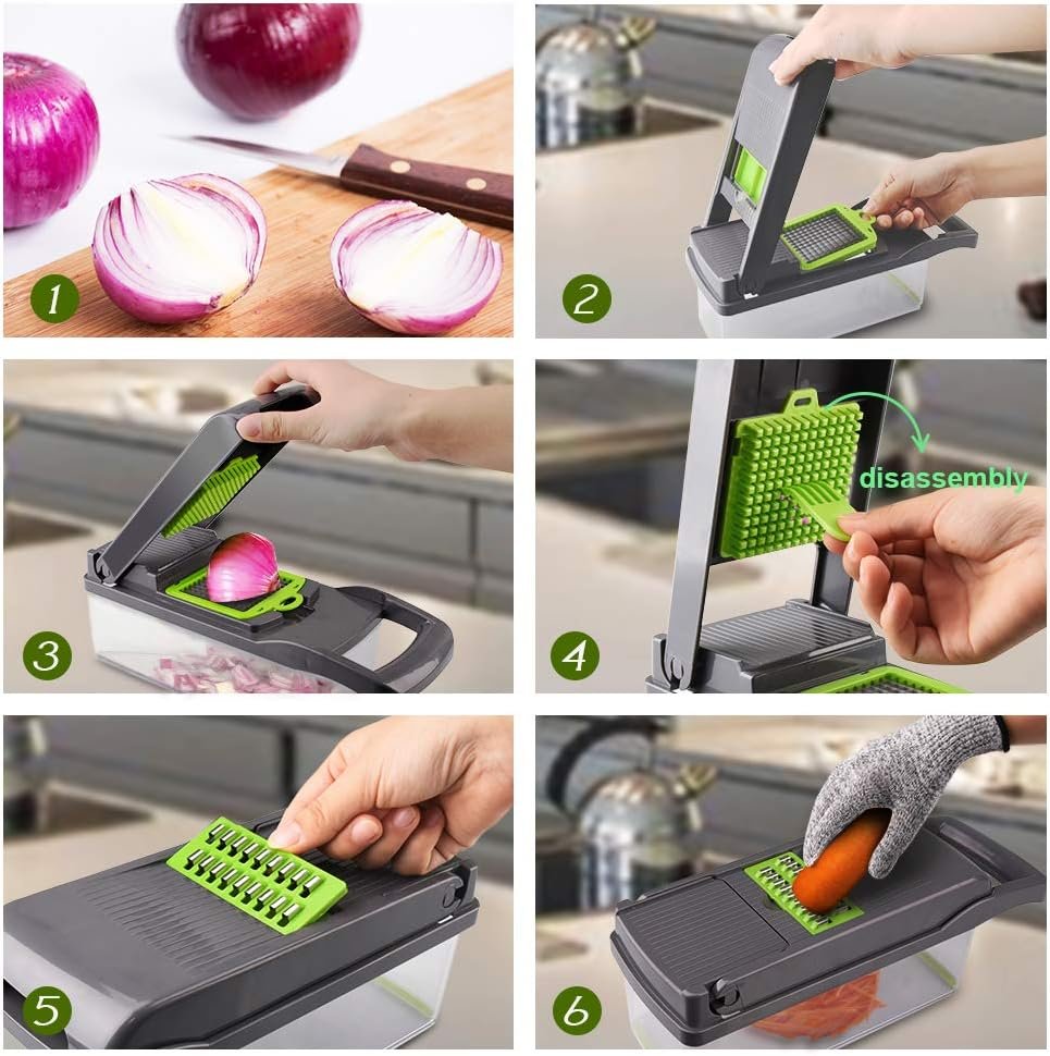Vegetable Chopper Mandoline Slicer Cutter Onion Chopper Dicer Pro Food Chopper Slicer Durable Veggie Cutter with Large Container Drain Basket and 8 Blades for Tomato Potato Carrot