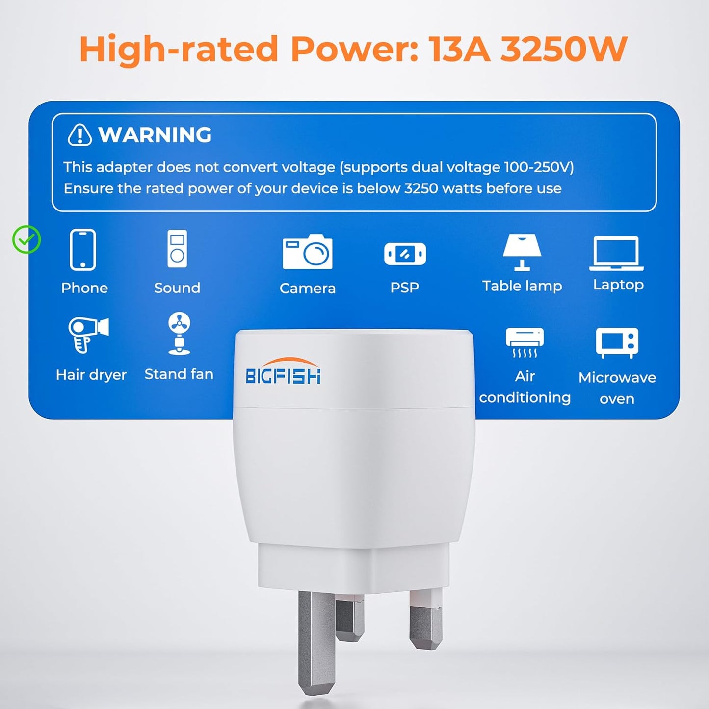 Bigfish UK Plug Adapter, UK Plug Adapter, UK Type G Adapter from EU to England, Scotland, Ireland, Dubai and Maldives