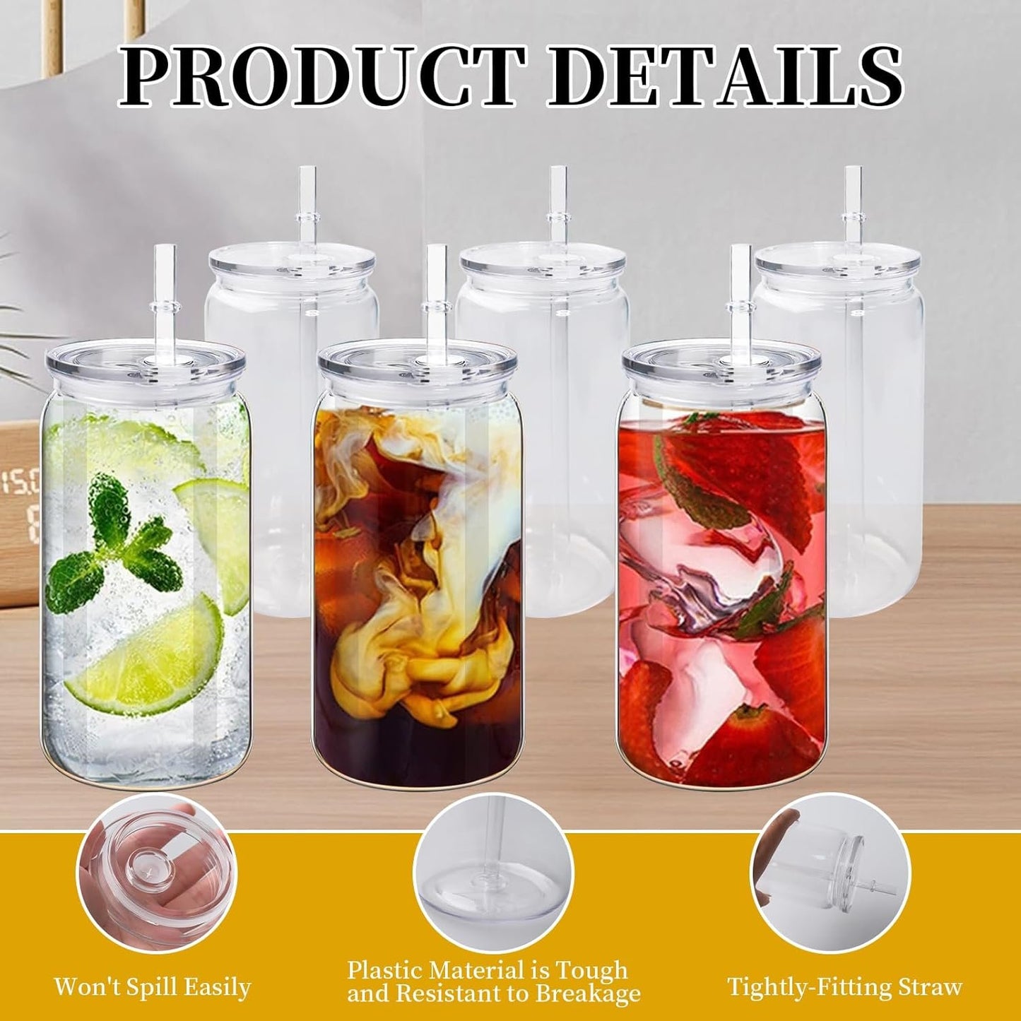 TANEMUDO 14 Pack Acrylic Mason Jars with Lids and Straws 16 oz Iced Coffee Tumbler Water Bottles Plastic Drinking Cups for Milk Juice Beverage Beer (Clear)