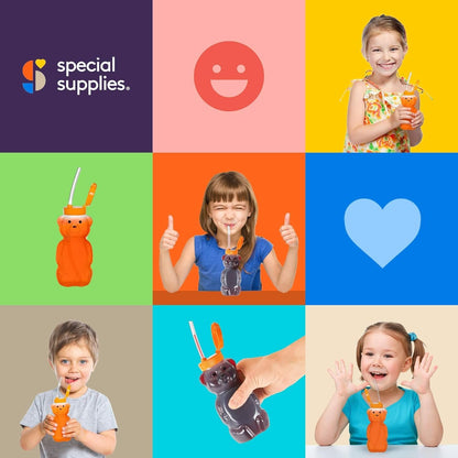 Special Supplies Honey Bear Straw Cup Long Straws, Squeezable Therapy and Special Needs Assistive Drink Container, Spill Proof and Leak Resistant Lid (Pack of 1 Bottle and 3 Straws)