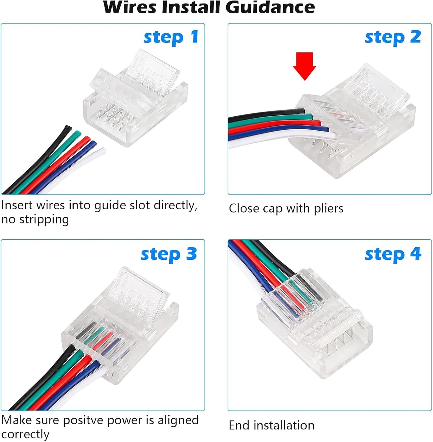 HOMELYLIFE 5 Pin LED Strip Connectors 12mm Solderless 10 Pcs with 16.4ft Extension Cable 5 Conductor for Waterproof or Non-Waterproof 12mm Wide RGBW RGBWW LED Strip Lights