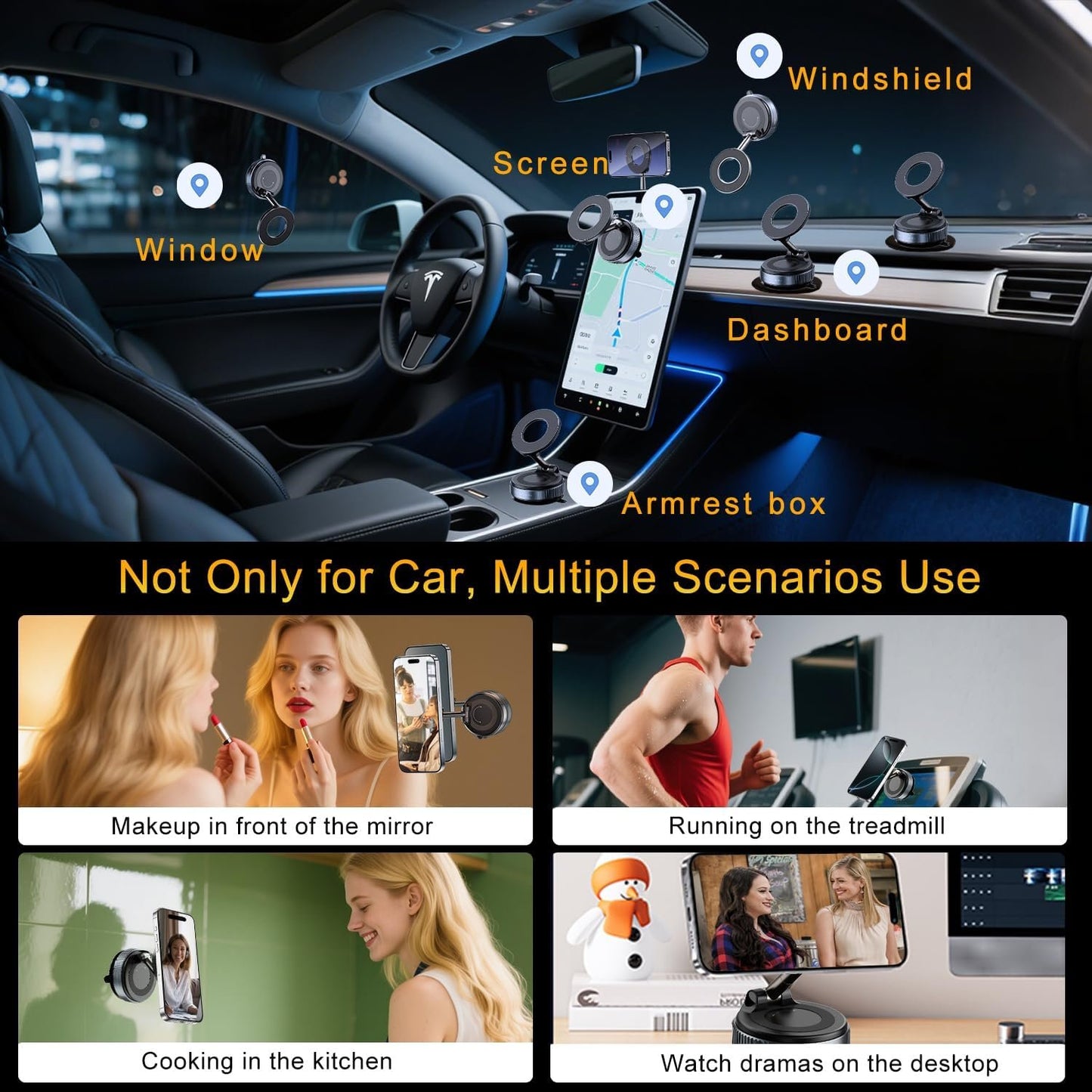 Jkoailiwi 360° Adjustable Vacuum Magnetic Suction Car Phone Holder, Swivel Locking Vacuum Phone Mount, Suction Cup Magnetic Cell Phone Holder Compatible with iPhone 16 Pro Max, Black