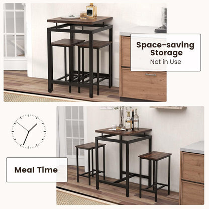 Costway 3 Pieces Bar Table Set, Square Counter Height Table with Stools, Floating Tabletop & Footrest, Industrial Pub Table Set for Small Space, Breakfast Nook, Kitchen, Rustic Brown