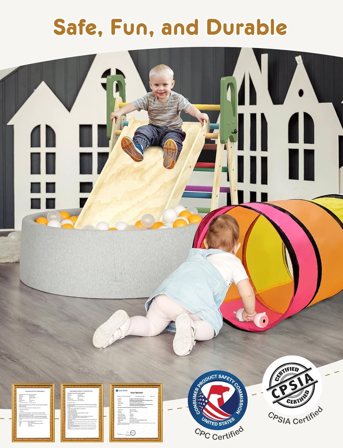 Pikler Triangle Set, 8-in-1 Indoor Jungle Gym with Kids Play Tunnel, Indoor Playground Jungle Gym for 1-3 Years Old, Wooden Montessori Climbing Set with Arch, Ramp & Ladder for Toddlers, Kids(S)