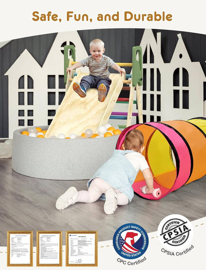 Pikler Triangle Set, 8-in-1 Indoor Jungle Gym with Kids Play Tunnel, Indoor Playground Jungle Gym for 1-3 Years Old, Wooden Montessori Climbing Set with Arch, Ramp & Ladder for Toddlers, Kids(S)