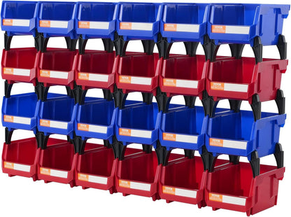 VEVOR Plastic Storage Bin, (5-Inch x 4-Inch x 3-Inch), Hanging Stackable Storage Organizer Bin, Blue/Red, 24-Pack, Heavy Duty Stacking Containers for Closet, Kitchen, Office, or Pantry Organization
