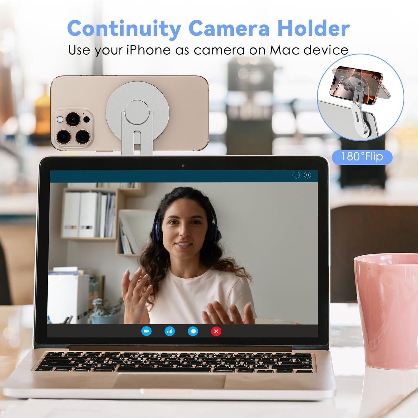 CloudValley 3D Rotating Magnetic Phone Stand, Adjustable Continuity Camera Mount Compatible with iPhone MagSafe Series & All Phones, Foldable Holder Bracket for Tesla Laptop Monitor, Silver