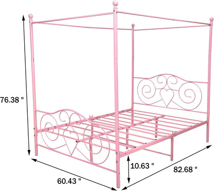 HAHRIR Canopy Bed Frame Platform Metal Bed Frame Heavy Duty Steel Slat and Support with Headboard and Footboard No Box Spring Required (Queen, Pink)