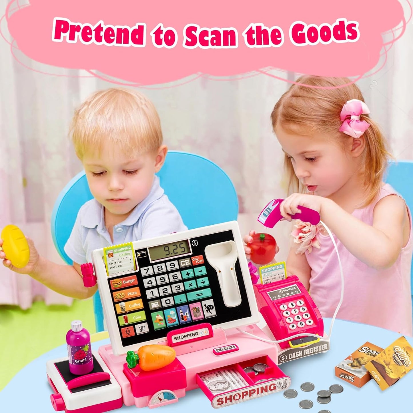 Interactive Kids Cash Register Toy - Educational Pretend Play Store Set with Shopping Cart, Includes Music, Real Calculator & Scanner - Ideal Birthday Gift for Girls & Boys Ages 3-8 (Red-Pink)