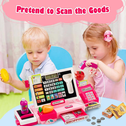 Interactive Kids Cash Register Toy - Educational Pretend Play Store Set with Shopping Cart, Includes Music, Real Calculator & Scanner - Ideal Birthday Gift for Girls & Boys Ages 3-8 (Red-Pink)