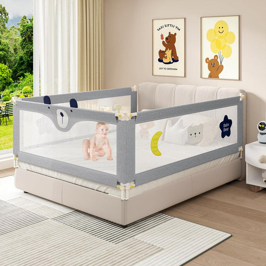 AUSADOM 3Pcs Toddler Bed Rail, Cot Fence Barrier Adjustable Height Double Lock Foldable, Bedside Safety Protection Facilities, 149x198cm Grey
