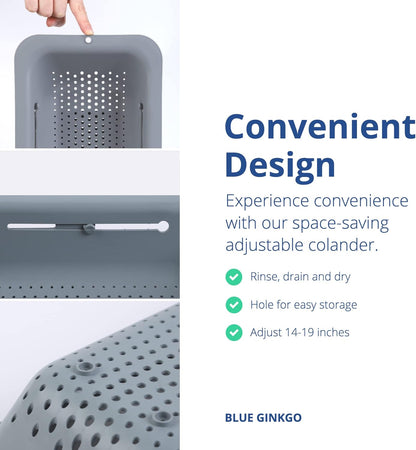 BLUE GINKGO Over the Sink Colander Strainer Basket - Wash Vegetables and Fruits, Drain Cooked Pasta and Dry Dishes - Extendable - New Home Kitchen Essentials (7.9W x 14-19L x 2.75H) - Gray