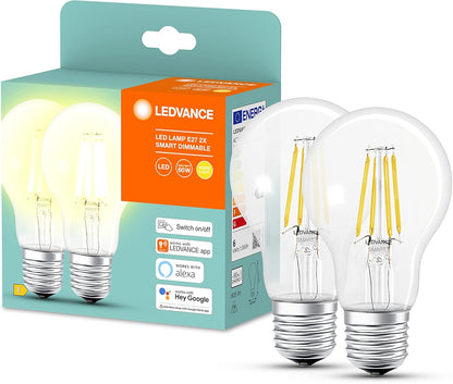 Ledvance Smart LED Lamp with Bluetooth Mesh, also controllable with Alexa and Google Assistant, replaces traditional 60W lamps, warm white (2700K), Smart Dimmable, 2 Pack